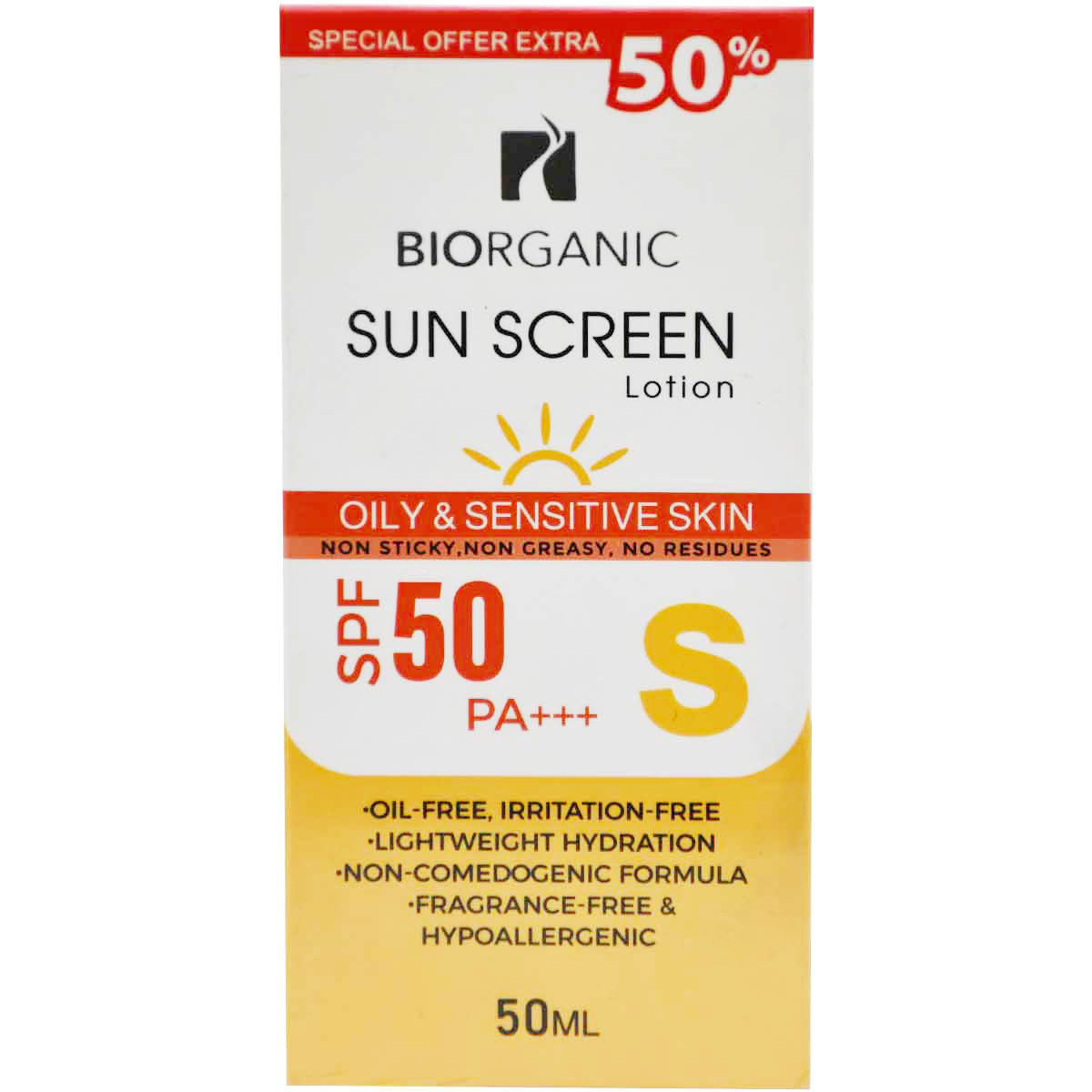 Biorganic Sun Screen SPF(50+) Lotion For Oily and Sensitive Skin 50 ml (Offer Pack) image number 0