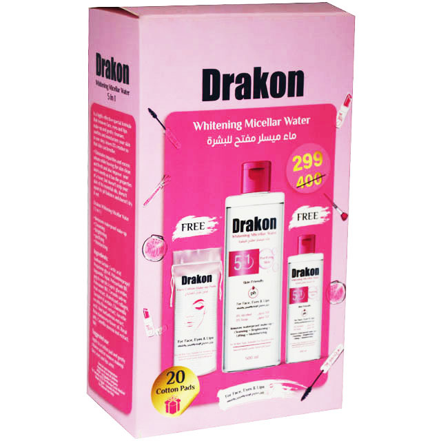 Drakon Whitening Micellar Water Make Up Remover( 500ml+100ml+20 Cotton pads ) (Offer Pack) image number 0