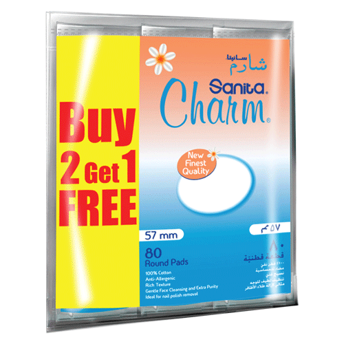Sanita Charm Round Pads Cotton 80 Pieces 2 Boxes +1 Box Free Gift (Offer Pack) image number 0