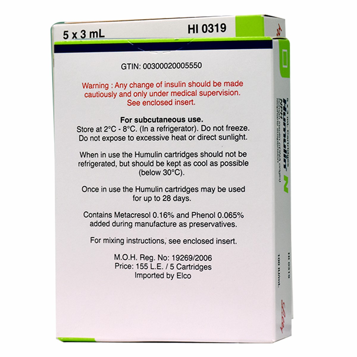 Humulin N 100U/ml 3ml 5Penfill (Refrigerated) image number 0
