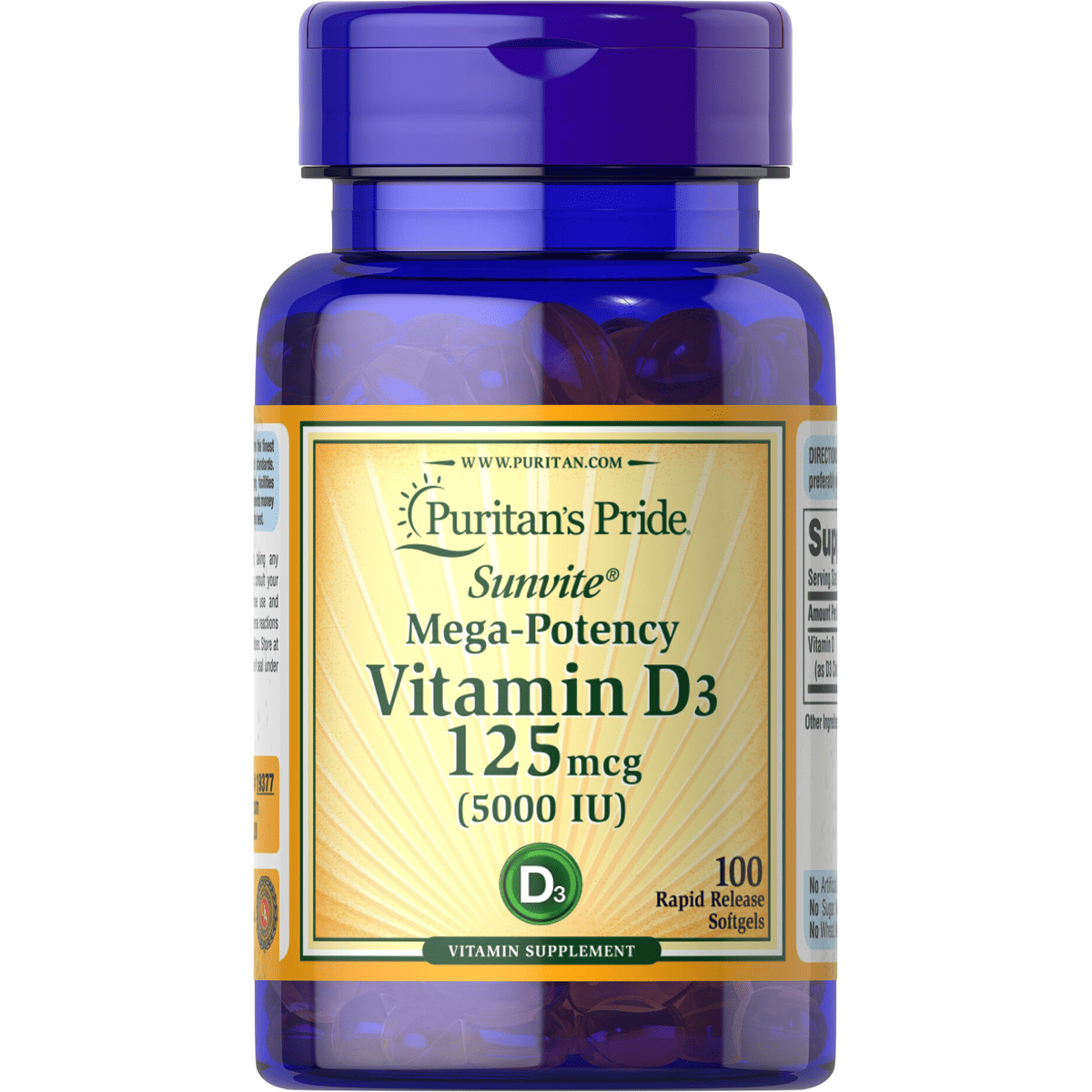Puritan's Pride Vitamin D3 125mcg 5000 IU 100 Capsule image number 0