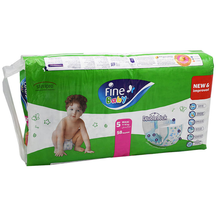 Fine Baby Double Lock (5) (Maxi) (11-18 Kg) Diaper 58 Pieces image number 0