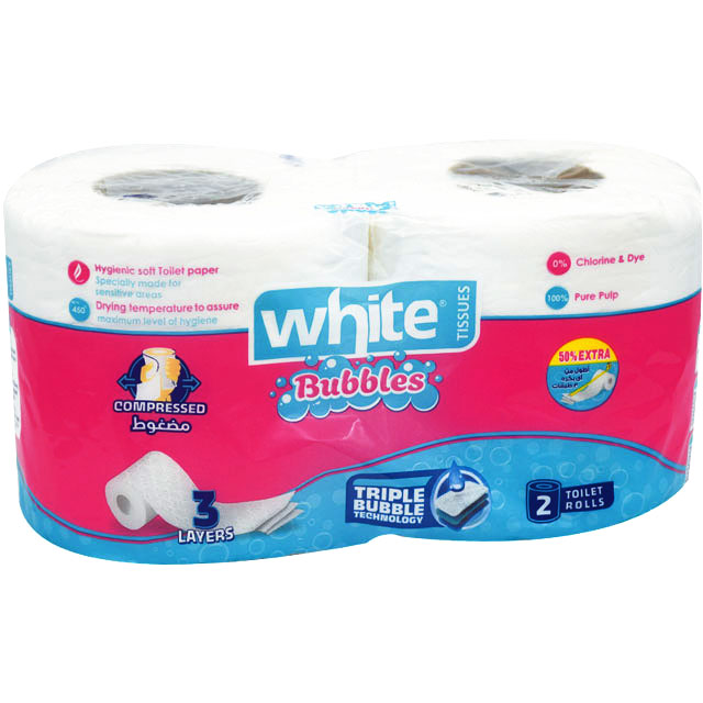 White Tissues 3 Ply Bubbles Toilet Roll 2 Pieces image number 0