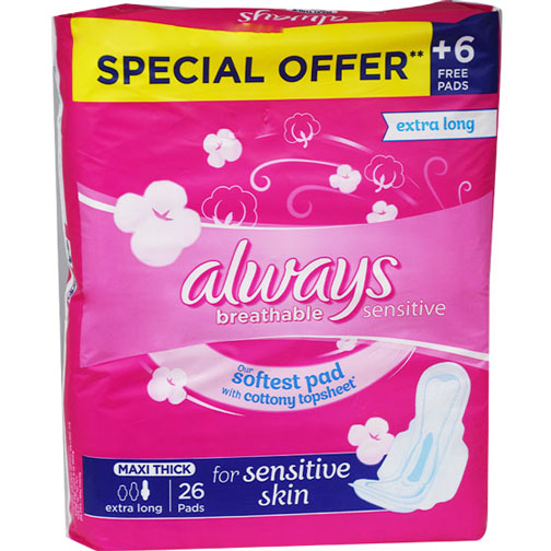 Always Breathable Sensitive Maxi Extra Long 26 pieces( Offer Pack ) image number 0