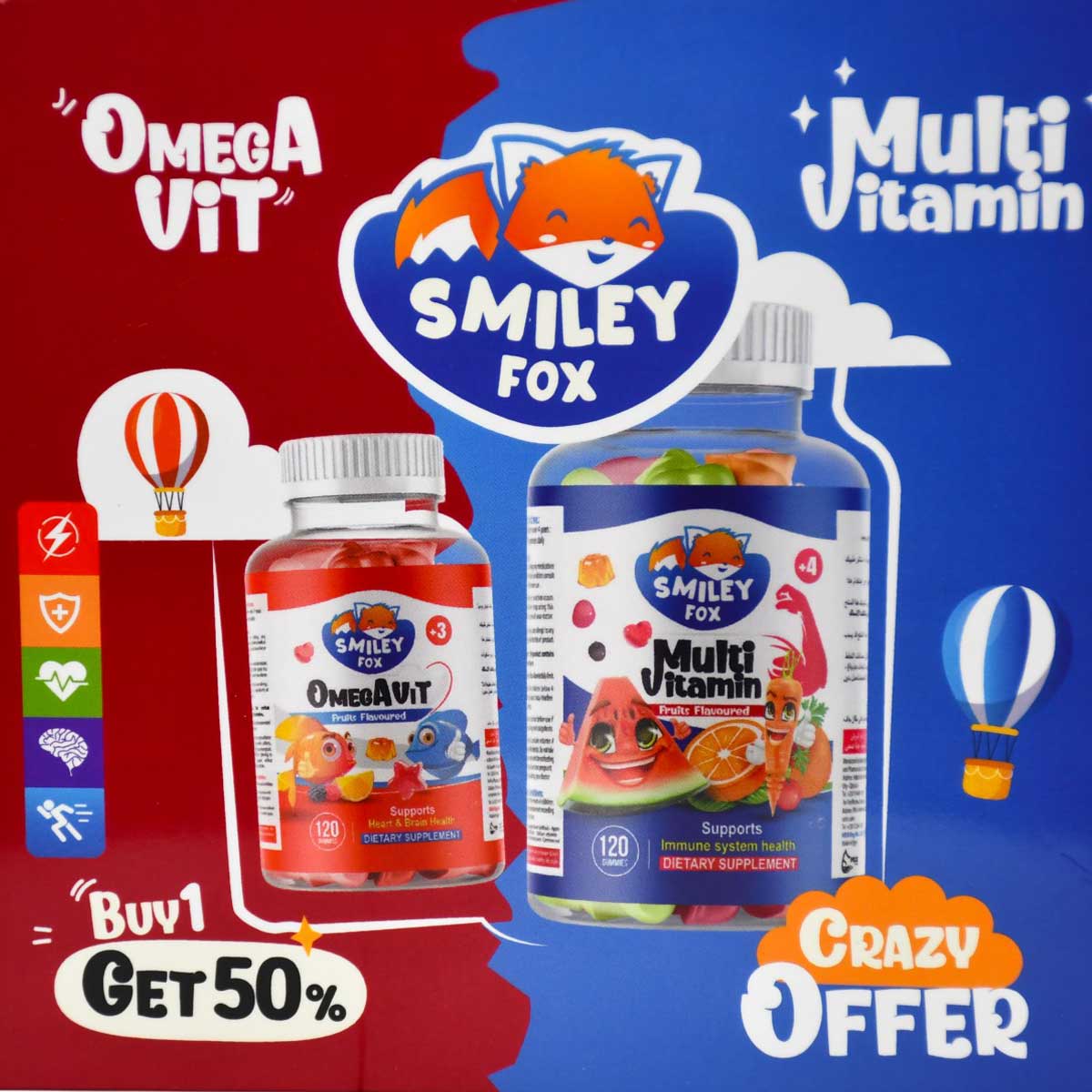 Smiley Fox Multivitamin + Omega vit (120+120) Gummies (Offer Pack) image number 0