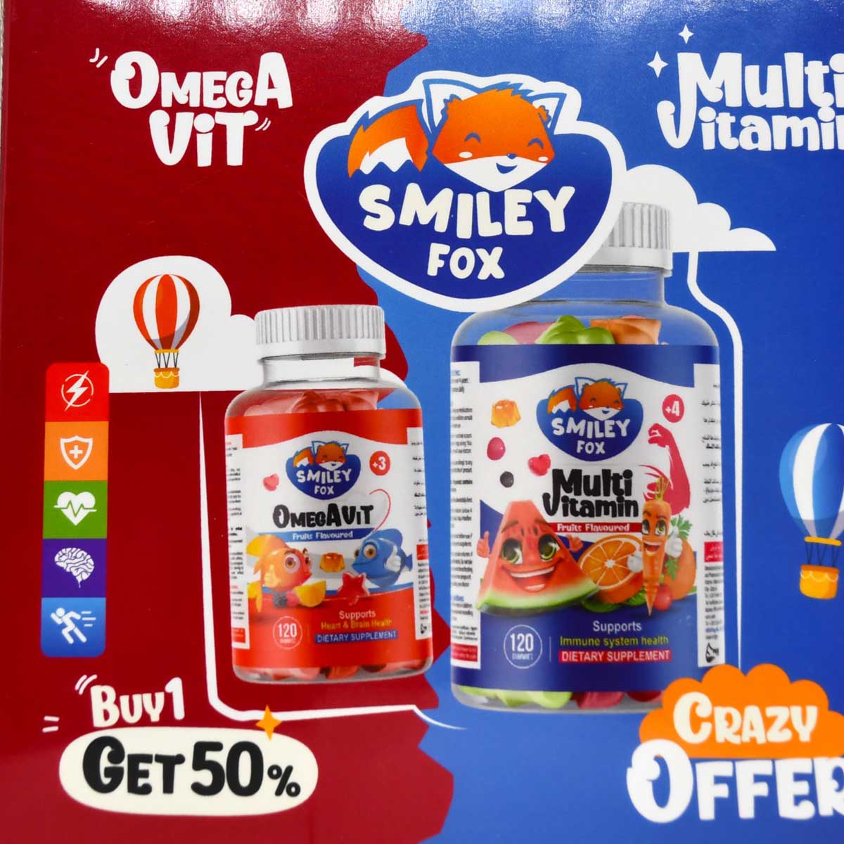 Smiley Fox Multivitamin + Omega vit (120+120) Gummies (Offer Pack) image number 1