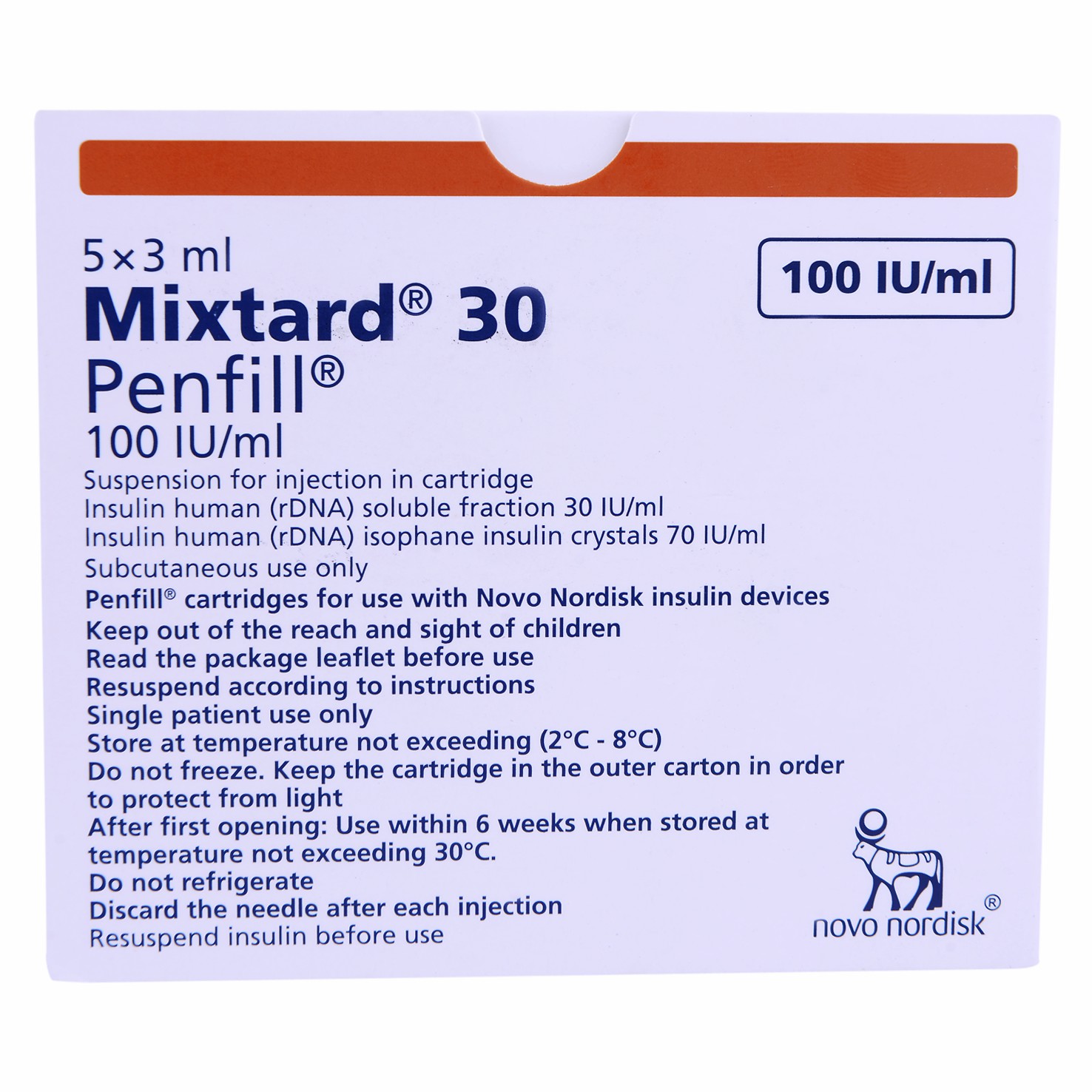 Mixtard30Hm 100U/ml 3mlx5Penfill (Refrigerated) image number 0
