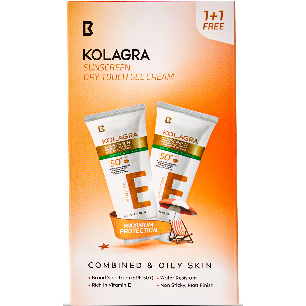 Kolagra E Sunscreen (SPF50+) Gel Cream50ml + Extra Pack 50ml Free Gift (Offer Pack) image number 0