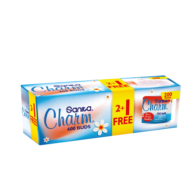 Sanita Charm Cotton Buds 200 Pieces 2 Boxes +1 Box Free Gift (Offer Pack) image number 0