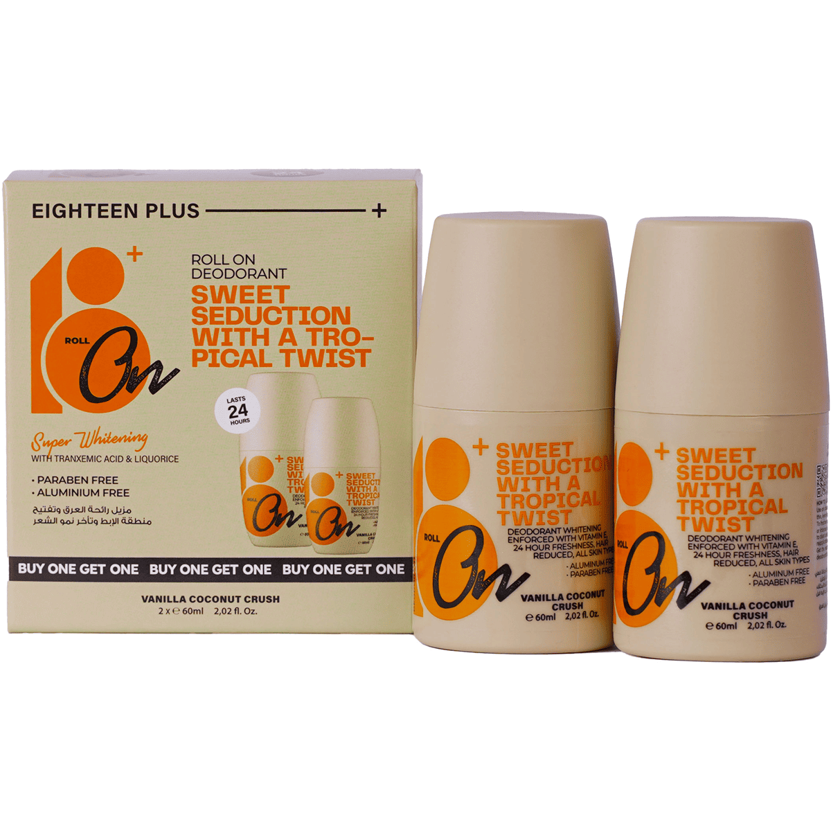 Eighteen Plus Vanilla Coconut Deodorant Roll On 60 ml (1+1) (Offer Pack) image number 0