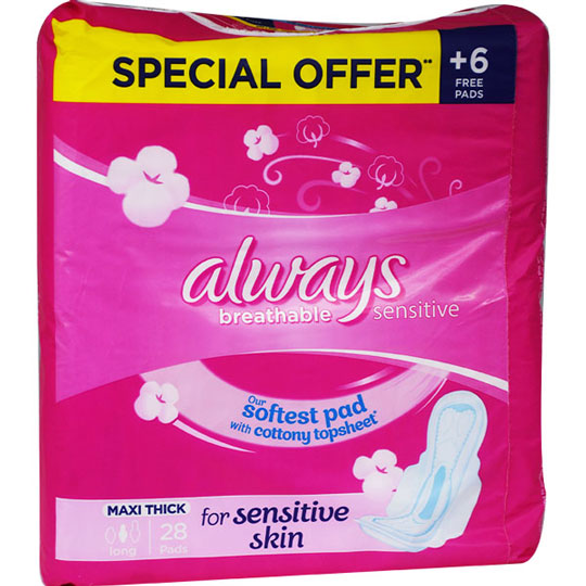 Always Breathable Sensitive Maxi Long 28 pieces( Offer Pack ) image number 0