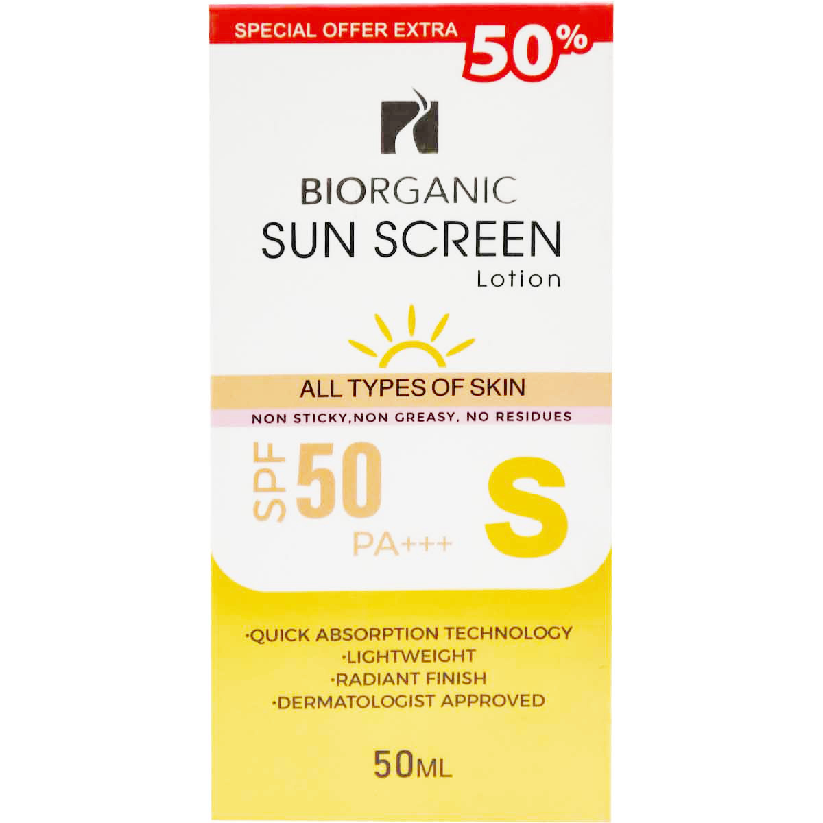 Biorganic Sun Screen SPF(50+) Lotion For All Skin Types 50 ml (Offer Pack) image number 0