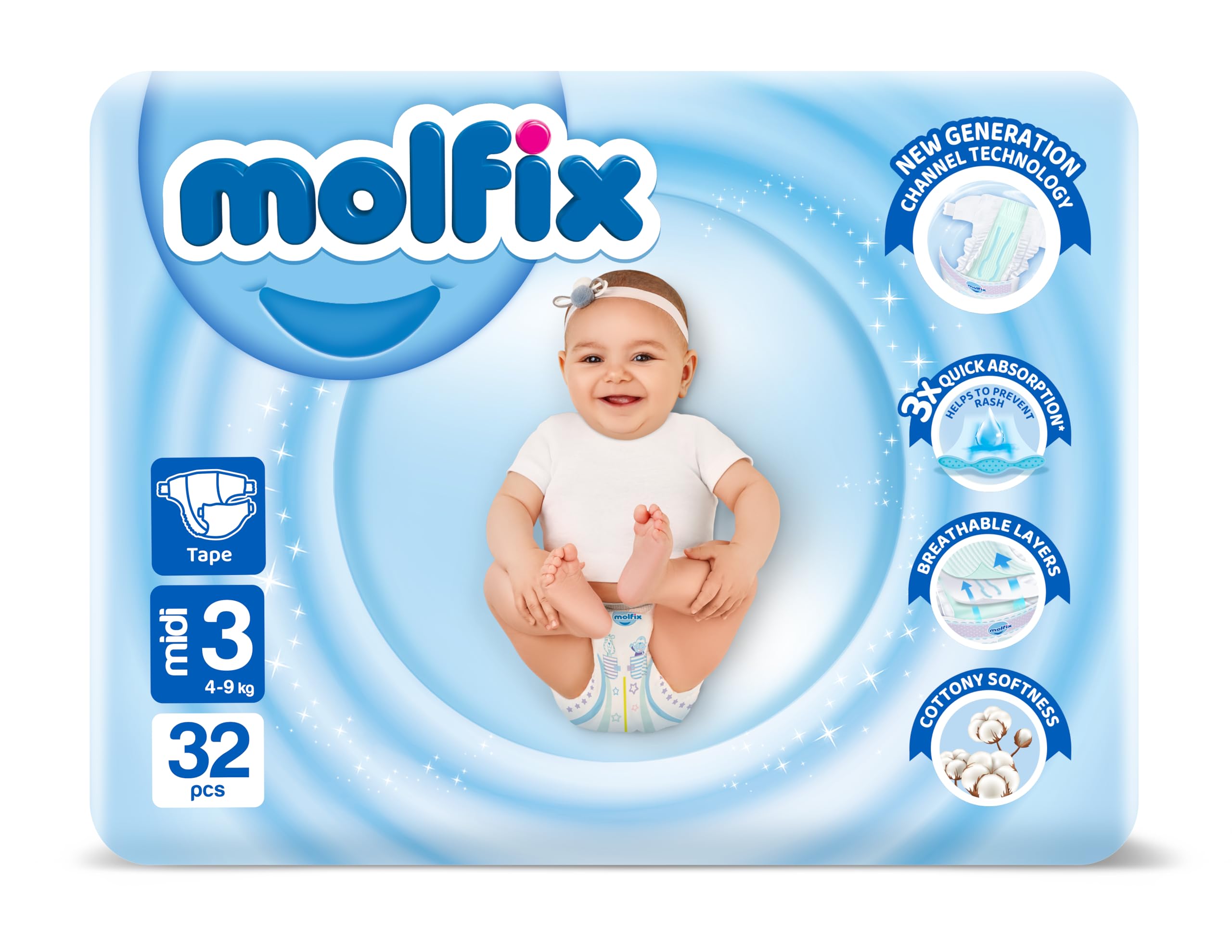 Molfix (3) Midi (4-9Kg) Diaper 32Pcs image number 0