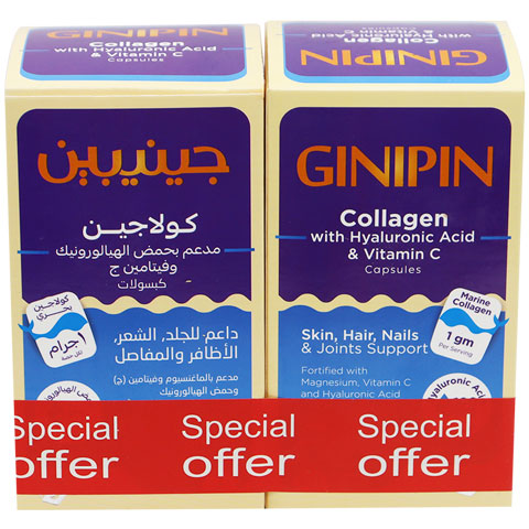 Ginipin Collagen with Hyaluronic Acid and Vitamin C 2X60 Capsules (Offer Pack) image number 0