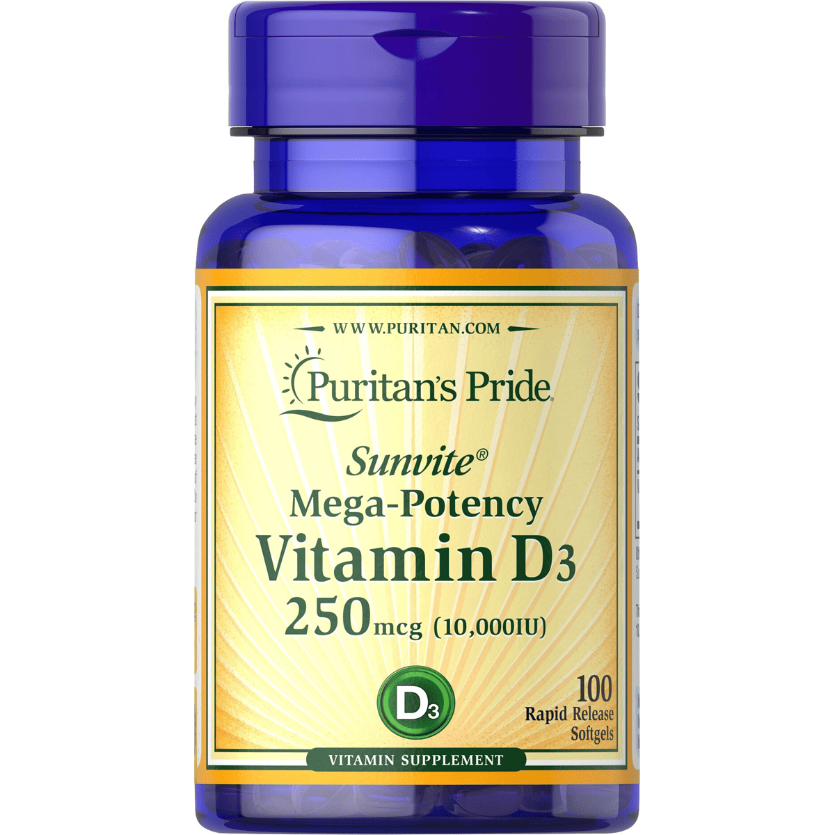 Puritan's Pride Vitamin D3 10000 IU 100 Capsule image number 0