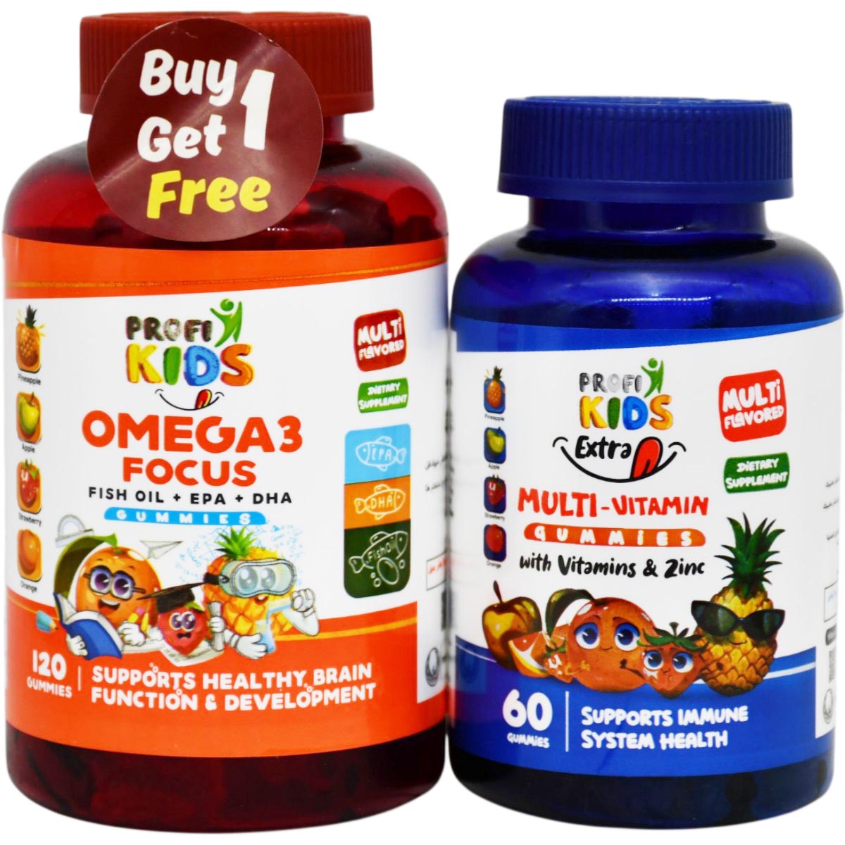 Profikids (Omega 3 Focus 120 Gummies + Extra multi Vitamins 60 Gummies) (Offer Pack) image number 0