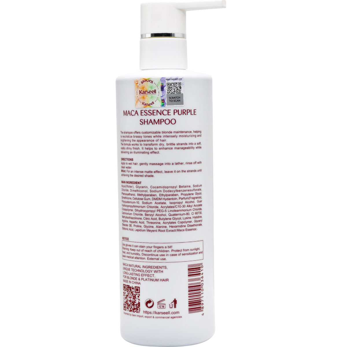 Karseell Maca Power Purple Shampoo for Blonde Hair 500ml image number 1